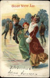 Godt Nytt Ar New Year Beautiful Woman & Girl Ice Skating c1910 Postcard