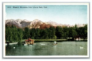 Vintage 1920's Postcard Row Boat Lakehouse Wasatch Mountains Liberty Park Utah