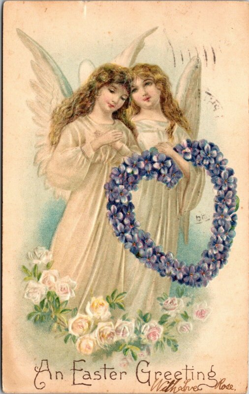 EASTER GREETING - VINTAGE POSTCARD - Holiday - PC ANGELS - EMBOSSED POSTED