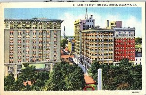 Looking South Bull Street Savannah GA Vintage Postcard Standard View Card 