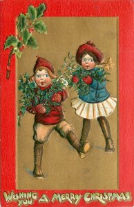 Embossed Christmas Postcard Tuck Crimson and Gold Series 501 Children Holly