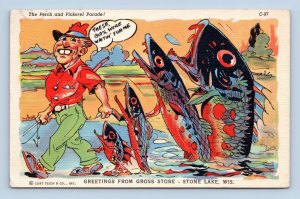 Comic Exaggeration Fish Greetings Gross Store Stone Lake WI Linen Postcard O2