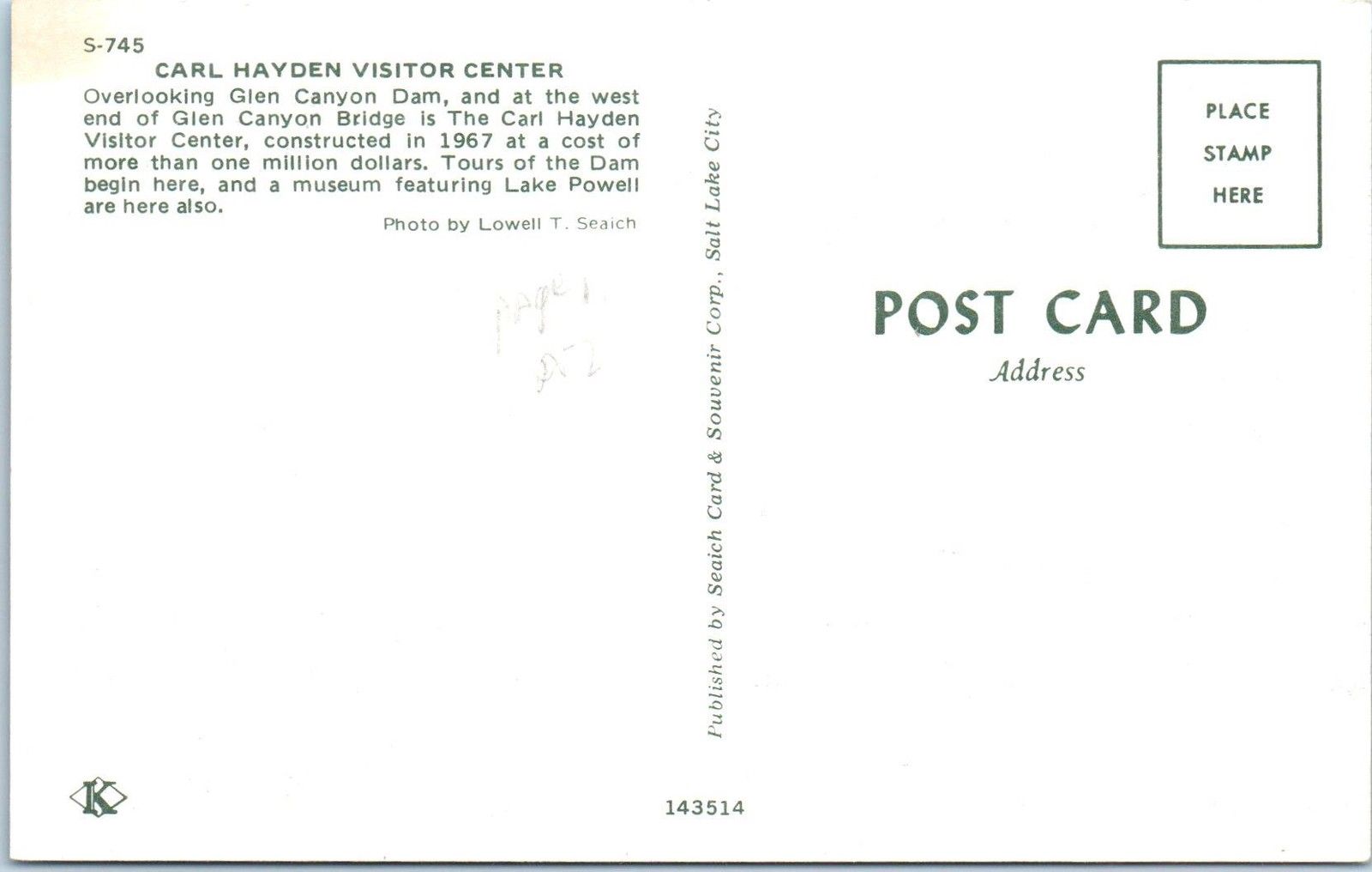 PAGE, AZ Arizona VISITOR CENTER at GLEN CANYON DAM c1960s Cars Postcard |  United States - Arizona - Other, Postcard / HipPostcard