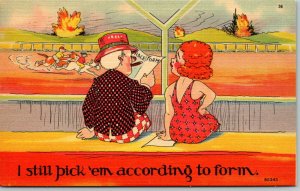 Vintage Linen Postcard Man and Woman at the Horseraces UNUSED Good Coloring