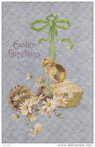 EASTER; Greetings, Chick on basket of Daisies, Green Bow, Silver Detail, 00...