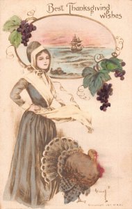 Thanksgiving Greeting Turkey Ship Sea Passepartout Grapes Lady postcard B989