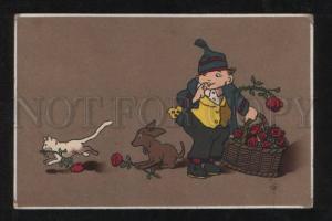 056693 Boy w/ ROSES & DACHSHUND & KITTEN Vintage PC
