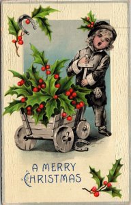 Christmas Postcard Little Boy Pulling Holly in Wooden Wagon Horseshoes