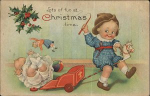 Christmas Stecher Ser 1282A Little Boy with Whip Toy Horse Vintage Postcard