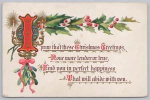 Holiday~Christmas~Fancy Latter with Border & Candles~Holly~Vintage Postcard