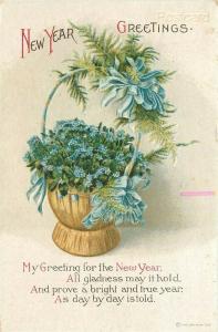 Greetings Card, New Year, Basket of Blue Flowers, Embossed, International Art 