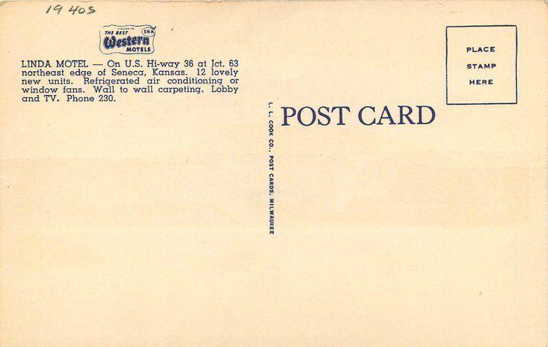 1940s Linda Motel Highway 36 roadside Seneca Kansas Cook linen postcard 283