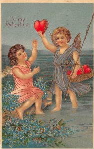 Valentine's Day To My Valentine, Cupids W/ Hearts & Flowers, Embossed,PC U8925