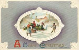 Winsch Embossed Christmas Greetings Postcard; Medallion Vignette, People in Snow