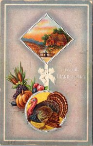 Postcard Joyous Thanksgiving Turkey with begetables and farm scene