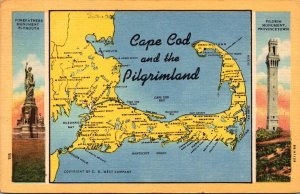 Massachusetts Cape Cod and The Pilgrimland Map 1954 Curteich