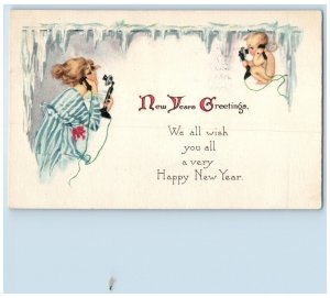 1918 New Year Greetings Woman Telephone Angel Des Moines IA Antique Postcard