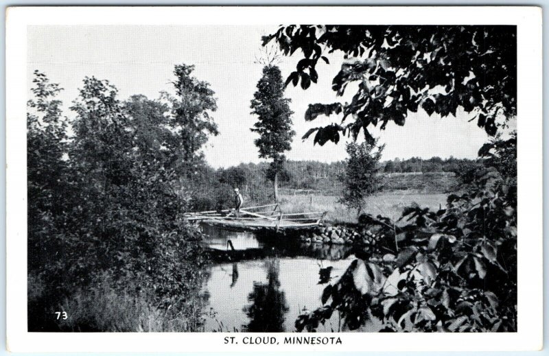 c1940s St. Cloud, MN Man on Bridge Lake Postcard Herman The Printer Minn A88