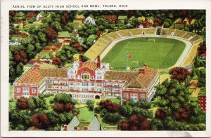 Toledo OH Scott High School and Bowl Aerial View c1938 Hirsch News Postcard G38