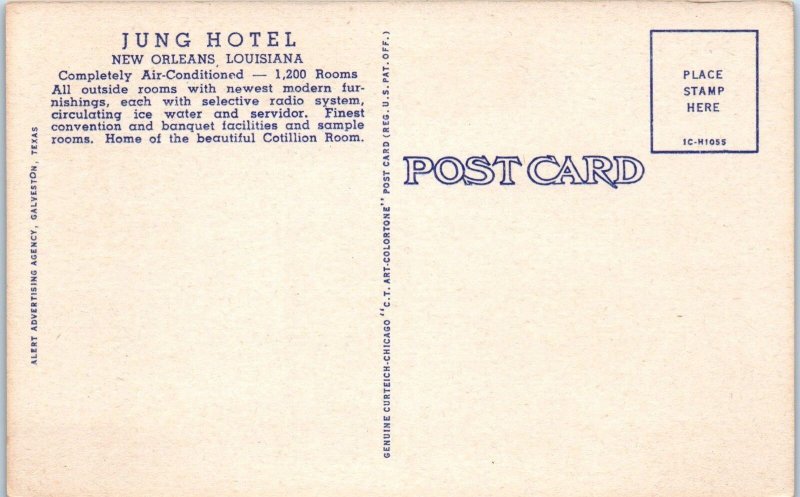 NEW ORLEANS, LA Louisiana    JUNG HOTEL   c1940s Cars  Linen   Postcard