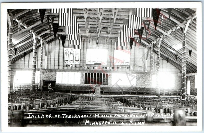 c1950s Minneapolis, MN Tabernacle RPPC Church Interior Flags Mission Farms A168