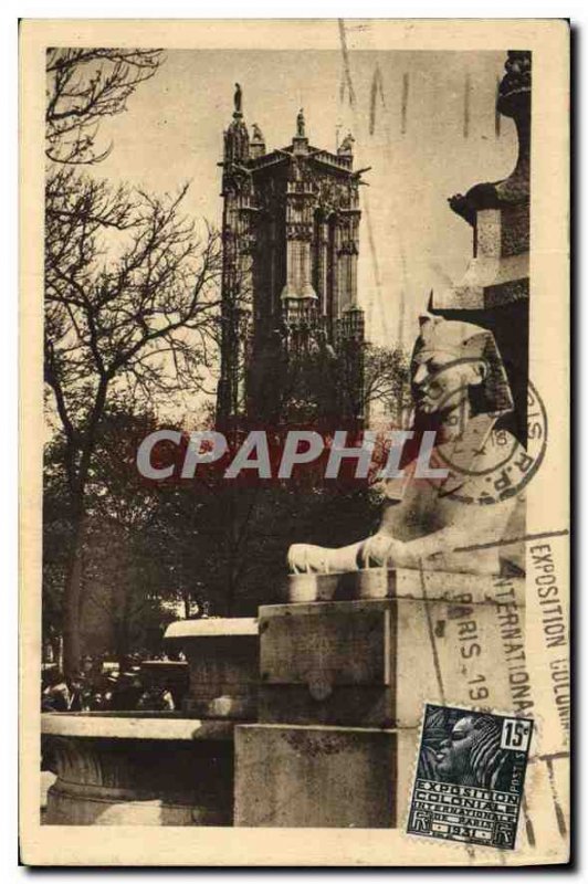 Postcard Old Paris Tower Saint Jacques taking place fountain du Chatelet