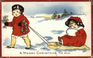 Whitney Christmas Boy Pulls Girl on Sled Sledding Vintage Postcard