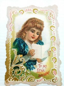 Vintage Postcard Valentines Card To my Little Sweetheart Girl Reading