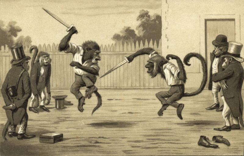 Embossed Dressed Monkey Ape, Fighting a Duel (1899)