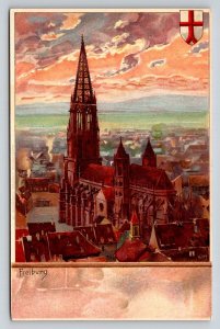 Freiburg Minster Cathedral Germany Artist Signed Velten's Postcard Art Deco