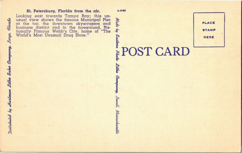 Aerial View Business District St. Petersburg FL Vintage Linen Postcard F02