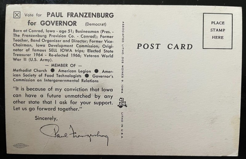 Vintage Postcard 1968 Paul Franzenburg for Governor (Democrat), Iowa IA)