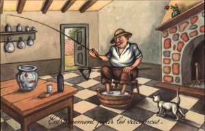 Man Fishing Inside House French Comic Training for the Holidays Vintage PC