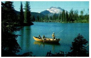 Men Fishing From Canoe On Sparks Lake Three Sister Mountains Fishing Postcard