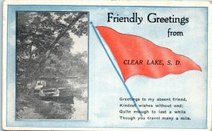 1920s Friendly Greetings from Clear Lake South Dakota Pennant Postcard