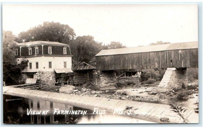 RPPC FARMINGTON FALLS, ME Maine ~ Mill COVERED BRIDGE Dam  c1910s Postcard 