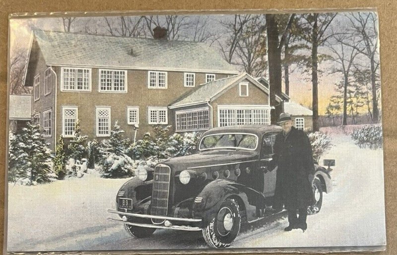 UNUSED LINEN POSTCARD - DR. FRED N. BONINE & 1935 LASALLE COUPE, NILES, MICHIGAN