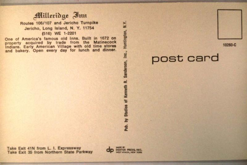 Unused 1960's MILLERIDGE INN HOTEL Jericho LONG ISLAND New York NY card y3065@