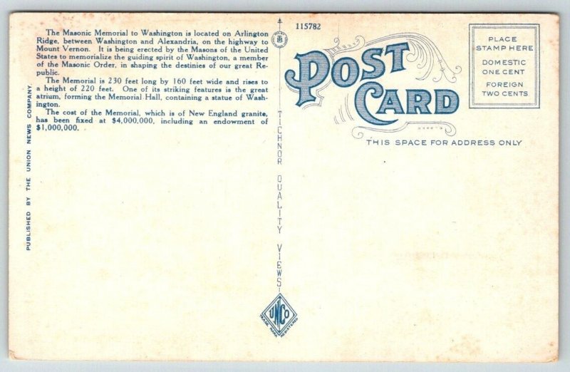 George Washington Masonic Memorial  Alexandria  Virginia  Postcard  c1925