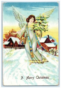 Christmas Tree Angel With Toys House Winter Scene Embossed Kelso WA Postcard