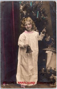 VINTAGE POSTCARD SMILING  YOUNG GIRL WITH BELL CHRISTMAS GREETING HUNGARY 1910s