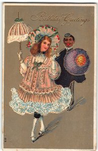 Birthday Postcard c1910 - FANCY LADY WITH PARASOL, FOLLWED BY SERVANT/BELL HOP