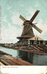Molen Bij Amsterdam Windmill Water Netherlands Vintage Postcard c1900