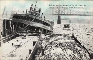 Postcard Cincinnati Sinking of Steamer City of Louisville Ice Gorge 1918 V66