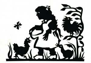 Art Deco Silhouette Vintage Postcard Girl with Chickens and a Duck BS.04