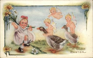 Easter Fantasy Children Baby Riding Geese Whitney Embossed c1900s-10s Postcard