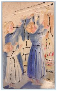 Christmas Postcard Mother And Kid Stockings With Full Of Toys Airbrushed c1910's