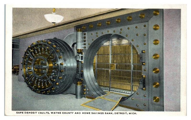 Safe Deposit Vaults, Wayne County & Home Savings Bank, Detroit, MI Postcard *5L2 