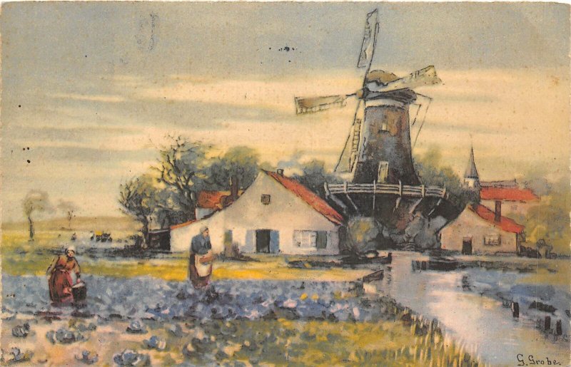 Lot 61 g grobe postcard artist signed wind mill painting netherlands types