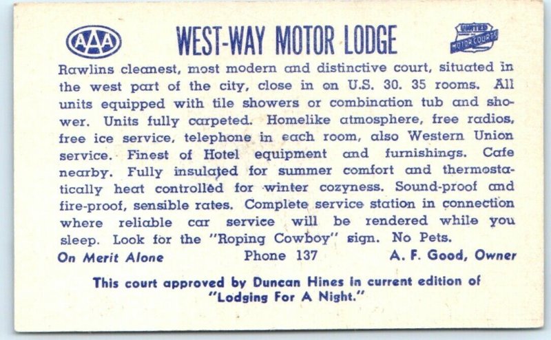 c1940s Rawlins, Wyoming West Way Lodge Linen Business Card Motel Advertising C5